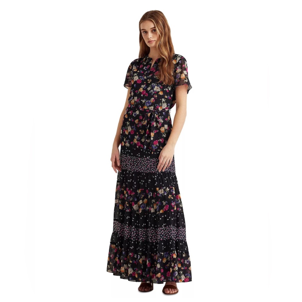 LAUREN RALPH LAUREN MIXED FLORAL CRINKLED GEORGETTE MAXIDRESS